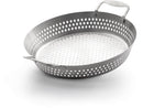 The Napoleon Grilling Wok (56027) by Napoleon Grills is a round stainless steel wok with two handles and perforated holes, perfect for grilling vegetables or small foods easily.