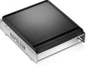 The Napoleon Porcelain-Enameled Cast Iron Griddle for Small SIZZLE ZONE® (56081) by Napoleon Grills features a rectangular, black design with raised edges and rests on a minimalist stainless steel frame.