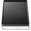 The Napoleon Cast Iron Griddle for Large SIZZLE ZONE® (56082) by Napoleon Grills is a black rectangular griddle with raised edges on a silver wire frame, viewed from above—ideal for flat top cooking.