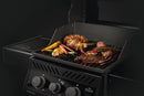 The Napoleon Grills Cast Iron Reversible Griddle for Rogue® 365 / 525 (56366) cooks assorted meats, potatoes, mushrooms, asparagus, and sliced veggies on durable cast iron. Front control knobs provide precise grilling.