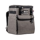 Gray soft-sided cooler bag by Bison Coolers, with black accents, a top zipper, exterior pockets, and a bottle opener key chain.