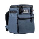 Navy soft-sided cooler by Bison Coolers featuring a black zipper, carry straps, and bottle opener key chain.