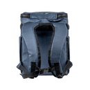 Navy soft-sided cooler by Switchback with black straps and buckle, shown from the back.
