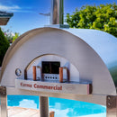 A WPPO Karma 55 304 Stainless Steel Commercial Wood-Fired Oven from WPPO LLC Direct is situated near a swimming pool, surrounded by lush greenery and beneath a clear blue sky—an ideal setup for savoring authentic wood-fired cooking outdoors.