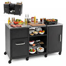 The DirectDeals Outdoor Grill Table 59″ with Removable Shelves & Storage features drawers, a cutting board top, and spacious shelves for plates, bowls, and grilling gear—perfectly organized among your favorite foods and drinks.