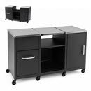 The DirectDeals Outdoor Grill Table 59″ with Removable Shelves & Storage features two doors, a pull-out drawer, central open shelving, and an expandable sliding top—ideal as an outdoor grill table. Inset shows compact form.