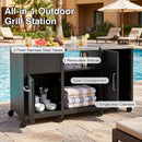 The DirectDeals Outdoor Grill Table 59″ with Removable Shelves & Storage features stainless steel surfaces, open compartments for towels and plates, plus two single-door cabinets—ideal for outdoor cooking and serving.