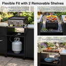 The DirectDeals Outdoor Grill Table 59″ with Removable Shelves & Storage holds a propane tank, charcoal grill, and food, and doubles as a prep station—perfect for flexible fit and versatile outdoor cooking.