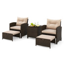 The DirectDeals 5 Pieces Patio Rattan Furniture with 2 Ottomans and Tempered Glass Coffee Table-Red offers stylish cushioned seating and a sleek table, perfect for relaxing outdoors with snacks and drinks.