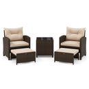 The DirectDeals 5 Pieces Patio Rattan Furniture with 2 Ottomans and Tempered Glass Coffee Table-Red includes two cushioned chairs, two ottomans, and a glass table—ideal for stylish outdoor relaxation.