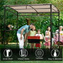 A family enjoys grilling under the DirectDeals 7 x 4.5 Feet Grill Gazebo Outdoor Patio Garden BBQ Canopy Shelter-Brown, featuring a drink shelf, utensil hooks, stylish design, and easy maintenance.