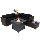 Outdoor entertaining is a breeze with the DirectDeals 5 Piece Patio Furniture Set with 50000 BTU Propane Fire Pit Table, featuring black cushions, a side table, and stylish accents for sunny days.