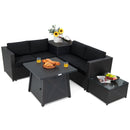 The DirectDeals 5 Piece Patio Furniture Set with 50000 BTU Propane Fire Pit Table features comfy black cushions, tables for drinks and snacks, and is perfect for outdoor entertaining.