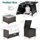 Diagram showing DirectDeals 5 Piece Patio Furniture Set with 50000 BTU Propane Fire Pit Table measurements: fire pit table (30x25x24), tank storage, loveseat, square table, and storage box. Propane stove not included.