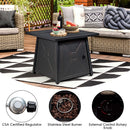 DirectDeals 5 Piece Patio Furniture Set with 50000 BTU Propane Fire Pit Table features cushioned wicker seating, drinks on the fire pit, and close-ups of its CSA regulator, stainless burner with lava rocks, and rotary control knob.