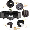 Entertain outdoors with the DirectDeals 5 Piece Patio Furniture Set with 50000 BTU Propane Fire Pit Table featuring black cushions, a glass-top table, weaving details, scratch-resistant footpads, and zippered covers.