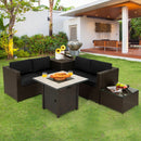 The DirectDeals 5-Piece Patio Furniture Set with 30 Inches Gas Fire Pit Table features black cushioned chairs and a fire pit table, perfect for outdoor lounging on your lawn near a modern house and garden.