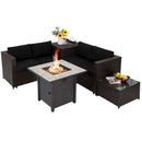 The DirectDeals 5-Piece Patio Furniture Set with 30 Inches Gas Fire Pit Table Outdoor PE Wicker Sofa Set features a dark sectional, black cushions, glass-top table with fruit, sunflowers, and a visible flame fire pit.