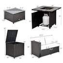 Four outdoor furniture pieces, including the DirectDeals 5-Piece Patio Furniture Set with 30 Inches Gas Fire Pit Table Outdoor PE Wicker Sofa Set, plus a glass-top side table and open storage, all sizes in inches.