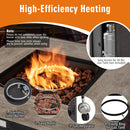 The DirectDeals 5-Piece Patio Furniture Set with 30 Inches Gas Fire Pit Table Outdoor PE Wicker Sofa Set features a visible flame, lava rocks, and labeled parts. Keep lava rocks inside and never cover the burner to avoid splashes.