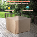 A tan PVC cover shields the 5-Piece Patio Furniture Set with 30 Inches Gas Fire Pit Table Outdoor PE Wicker Sofa Set by DirectDeals—half in sun (Dustproof/Sunproof), half in rain (Rainproof/Snow-proof) for weather protection.