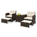 The DirectDeals 5 Pieces Patio Rattan Furniture with 2 Ottomans and Tempered Glass Coffee Table-Red features cushioned armchairs, ottomans, and a glass table for a stylish, inviting outdoor conversation area.