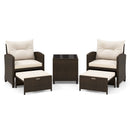 The DirectDeals 5 Pieces Patio Rattan Furniture with 2 Ottomans and Tempered Glass Coffee Table-Red includes cushioned armchairs, ottomans, and a glass coffee table in stylish woven rattan with red cushions.