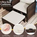 The DirectDeals 5 Pieces Patio Rattan Furniture with 2 Ottomans and Tempered Glass Coffee Table-Red features ultra-soft beige cushions with zippers, toggles, and high-density fillings—perfect for your outdoor conversation area.