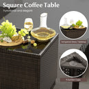 The 5 Pieces Patio Rattan Furniture with 2 Ottomans and Tempered Glass Coffee Table-Red by DirectDeals features a sturdy glass tabletop secured with four clear suction cups—ideal for serving snacks in your outdoor lounge.