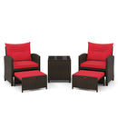 The DirectDeals 5 Pieces Patio Rattan Furniture with 2 Ottomans and Tempered Glass Coffee Table-Red includes two dark wicker armchairs, two ottomans, and a glass coffee table for stylish outdoor seating.