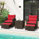 The DirectDeals 5 Pieces Patio Rattan Furniture with 2 Ottomans and Tempered Glass Coffee Table-Red is set beside the pool, surrounded by greenery near a glass door.