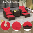 The DirectDeals 5 Pieces Patio Rattan Furniture with 2 Ottomans and Tempered Glass Coffee Table-Red features comfy elastic-filled cushions, zippered seat covers, and toggle buttons on ottoman cushions.