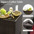 The DirectDeals 5 Pieces Patio Rattan Furniture with 2 Ottomans and Tempered Glass Coffee Table-Red features a rattan coffee table holding wine, a decanter, grapes, and cheese; insets show the secure tempered glass and suction cups.