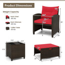 Diagram showing dimensions and weight limits for the DirectDeals 5 Pieces Patio Rattan Furniture with 2 Ottomans and Tempered Glass Coffee Table-Red; features black rattan, red cushions, and sturdy outdoor design.