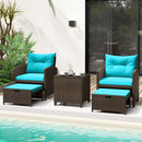 Create an inviting outdoor conversation area with DirectDeals 5 Pieces Patio Rattan Furniture with 2 Ottomans and Tempered Glass Coffee Table-Red—includes two wicker chairs, red cushions, ottomans, and a chic coffee table.