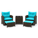 The DirectDeals 5 Pieces Patio Rattan Furniture with 2 Ottomans and Tempered Glass Coffee Table-Red includes two brown wicker chairs with red cushions, two ottomans, and a square glass table. Perfect for your outdoor space!.