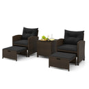 The 5 Pieces Patio Rattan Furniture with 2 Ottomans and Tempered Glass Coffee Table-Red by DirectDeals features brown wicker chairs, red cushions, a matching table, and ottomans for your stylish outdoor space.