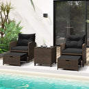 The DirectDeals 5 Pieces Patio Rattan Furniture with 2 Ottomans and Tempered Glass Coffee Table-Red creates a welcoming poolside conversation area, surrounded by plants and a modern building.