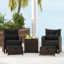 The DirectDeals 5 Pieces Patio Rattan Furniture with 2 Ottomans and Tempered Glass Coffee Table-Red creates a cozy oceanfront patio lounge perfect for relaxing with drinks and snacks amid stunning views.