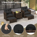 The DirectDeals 5 Pieces Patio Rattan Furniture with 2 Ottomans and Tempered Glass Coffee Table-Red features two chairs, ottomans, and a glass table. Insets highlight plush filling, zipper, and toggle button for comfort.