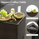 The DirectDeals 5 Pieces Patio Rattan Furniture with 2 Ottomans and Tempered Glass Coffee Table-Red offers stylish outdoor seating, complete with a sturdy glass-topped table—ideal for entertaining guests.