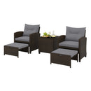 The DirectDeals 5 Pieces Patio Rattan Furniture with 2 Ottomans and Tempered Glass Coffee Table-Red includes two wicker armchairs, two ottomans, and a glass coffee table—perfect for relaxing outdoors.