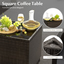 The DirectDeals 5 Pieces Patio Rattan Furniture with 2 Ottomans and Tempered Glass Coffee Table-Red includes a sturdy glass-topped table with suction cups for stability—perfect for serving snacks in any outdoor setting.