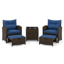 The DirectDeals 5 Pieces Patio Rattan Furniture with 2 Ottomans and Tempered Glass Coffee Table-Red is a stylish set perfect for relaxing in your outdoor furniture space.
