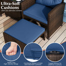 DirectDeals 5 Pieces Patio Rattan Furniture with 2 Ottomans and Tempered Glass Coffee Table-Red—ultra-soft cushions offer ultimate comfort for your outdoor space. Insets show cushion elasticity, zipper, and toggle button.