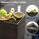 The DirectDeals 5 Pieces Patio Rattan Furniture with 2 Ottomans and Tempered Glass Coffee Table-Red features a sturdy glass table, ideal for outdoor gatherings with wine, snacks, and elegant style.