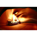 A close-up view of flames burning inside the WPPO Traditional 25" Dual Fueled Pizza Oven With Gas Attachment by WPPO LLC Direct, with fire reflecting on the oven’s curved interior surface and tiled floor.