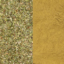 A close-up of The Spice Lab Ground Oregano on the left and ground cumin powder on the right, shown side by side for comparison.