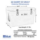 Line drawing of a Blue Coolers 60 Quart Roto Molded Cooler Superior Ice Retention Outdoors showing exterior and interior dimensions, weight, and volume.