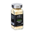A clear glass jar of The Spice Lab Organic Granulated Onion, featuring a metal lid and black label with the product name, net weight (2.3 oz/65g), and a USDA Organic seal—an essential pantry staple from The Spice Lab for kitchens that appreciate high-quality organic onion seasoning.